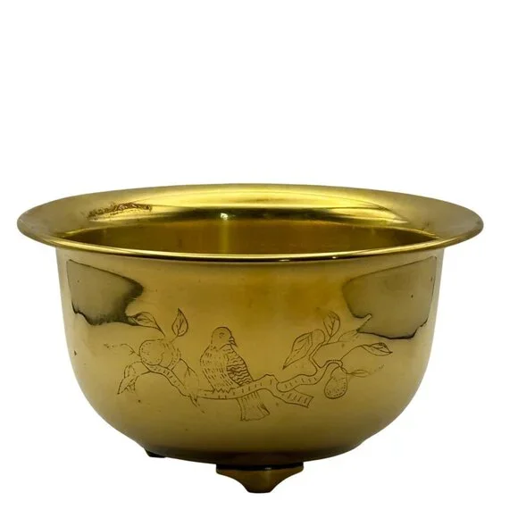 Vtg Etched Brass Bowl Birds Footed Dual-Sided Planter 1960s Decor MCM 3.5"T 6"D - Picture 8 of 10